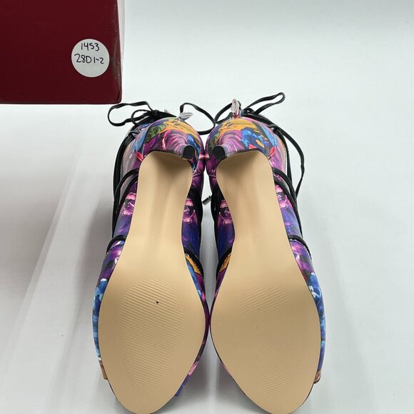 YDN Blue Floral Peep Toe Platform Stiletto Heels Lace Up Cutout Ankle Booties - Picture 7 of 8